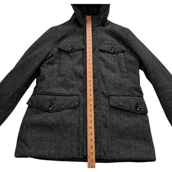 Zara Man Coat Men's Large Gray Herringbone Wool Blend Hooded Heavy Classic - Picture 11 of 12